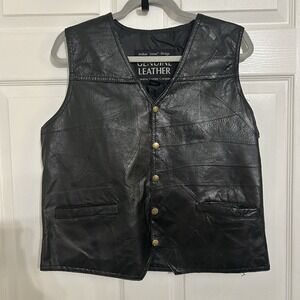 Vintage Navarre Men's Leather Patchwork Vest Medium Biker Pockets Snaps Lined